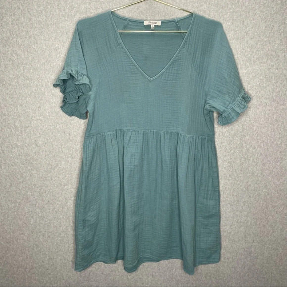Madewell Babydoll Ruffle Sleeve Gauzy Cotton V Neck Easy Mini Dress - Picture 2 of 7